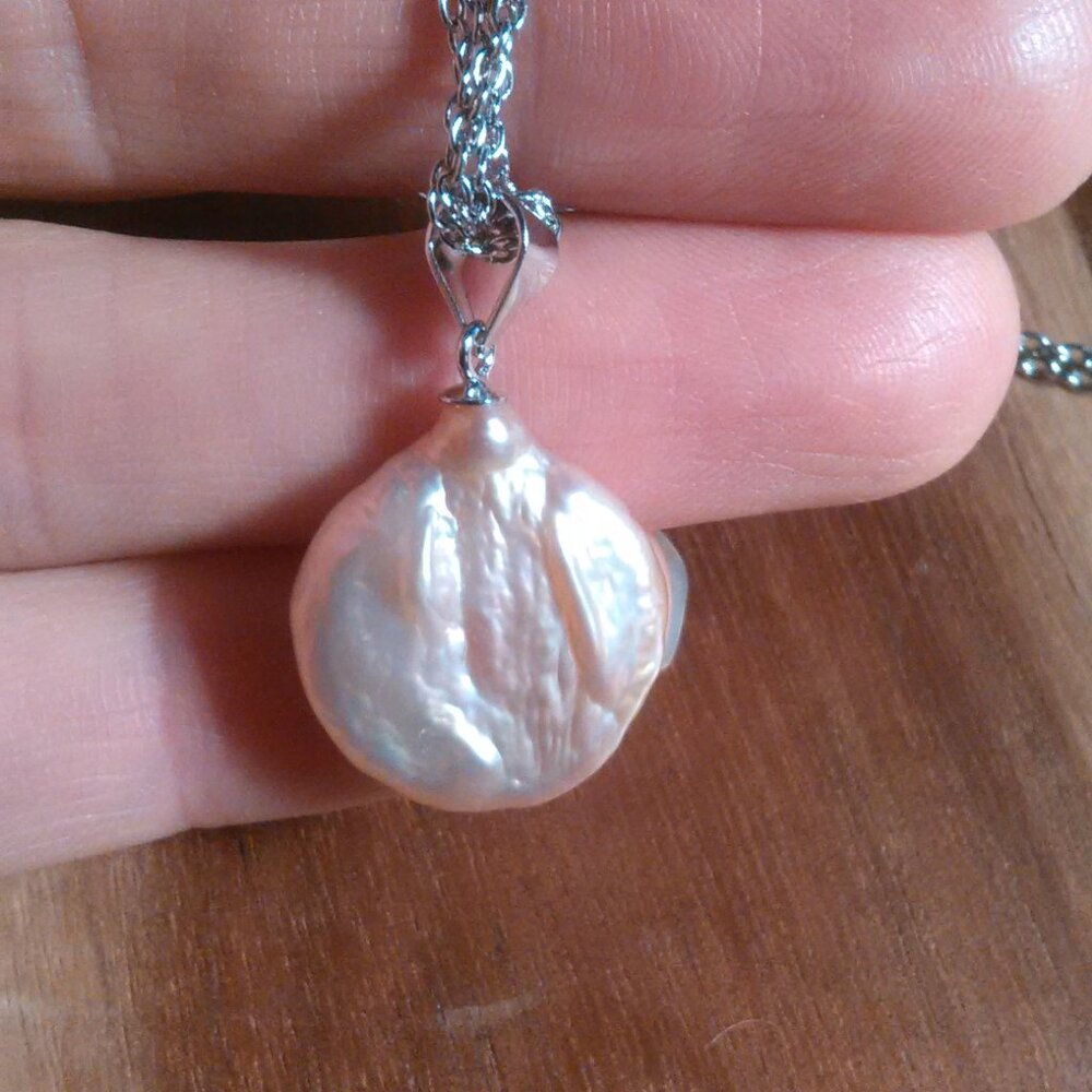 Purple Coin Keshi Pearl Sterling Silver Pendant and Stainless Steel Necklace